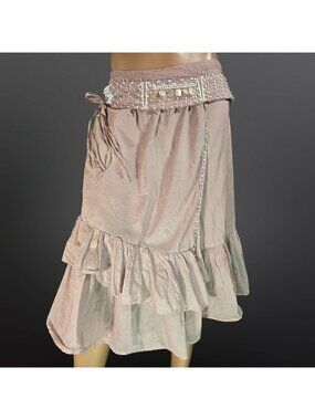 Y2K Animale beige Ruffled Midi Wrap skirt With Beaded Tie belt Size M Boho Fairy